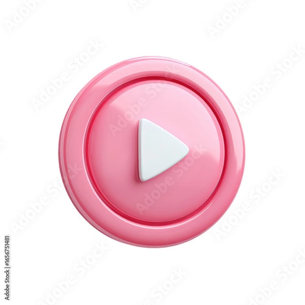 Fototapeta Pink play button. 3D render of a glossy, round, pink play button with a white play icon