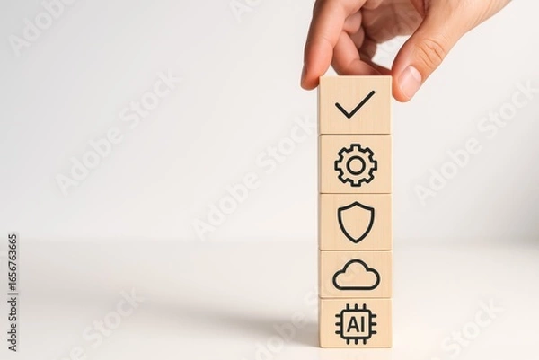 Fototapeta Stacking Blocks: A hand carefully places a block atop a stack of wooden cubes, each etched with a significant icon, showcasing the dynamic interplay of technology and progress.