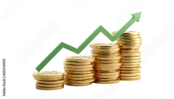 Fototapeta Stacks of gold coins forming a rising graph, with a green upward trendline
