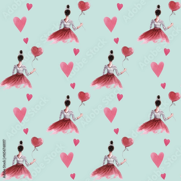 Fototapeta Seamless watercolor pattern featuring a woman in a red skirt and striped blouse with a red heart shaped balloon on a light green mint background for valentines day the holiday of lovers