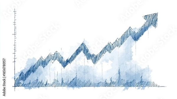 Fototapeta A rising stock graph clipart, business element, hand-drawn sketch style, blue tones, isolated on white background