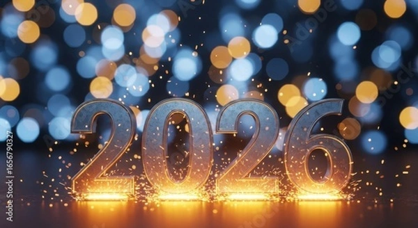 Obraz Sparkling crystal numbers of 2020 illuminated by warm golden light and bokeh background