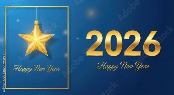 Obraz Golden star and 2026 happy new year text on a deep blue background with subtle sparkles