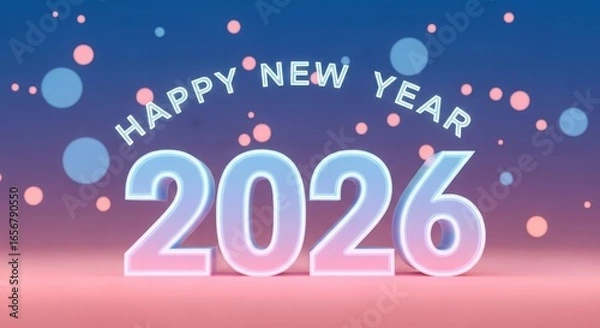 Obraz Happy new year 2026 with glowing numbers and bokeh lights on a gradient background