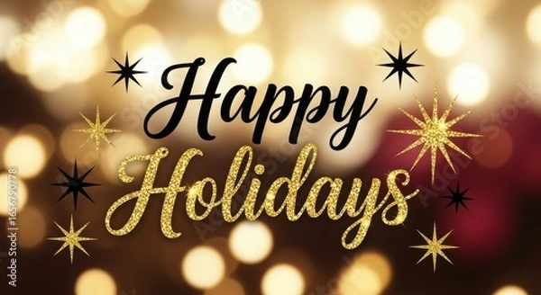 Obraz Sparkling happy holidays text with festive bokeh lights background for winter celebrations
