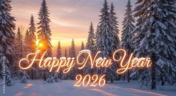 Obraz Happy new year 2026 glowing text over a snowy pine forest at sunrise
