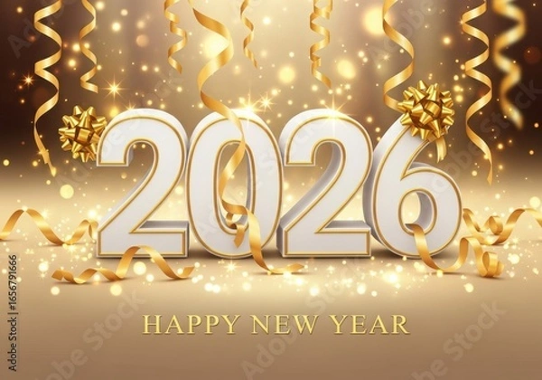 Obraz Elegant 3d numbers 2026 with golden confetti and ribbons celebrating happy new year