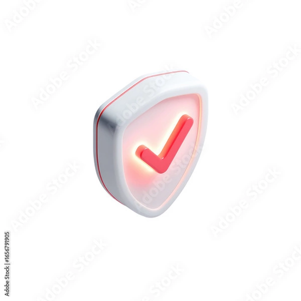 Fototapeta 3D rendered white shield icon with glowing red checkmark