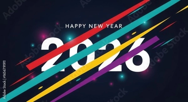 Obraz Dynamic happy new year 2026 celebration with colorful abstract brush strokes and glowing lights