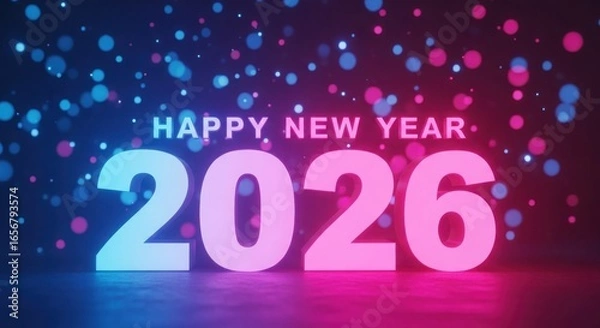 Obraz Happy new year 2026 illuminated with vibrant neon lights and bokeh effects