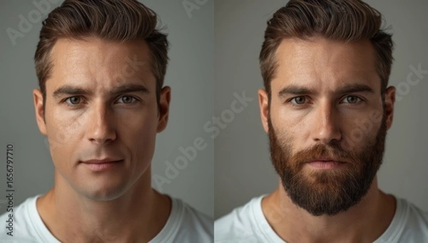 Fototapeta Split portrait contrasts rugged bearded man with smooth clean-shaven youthful version