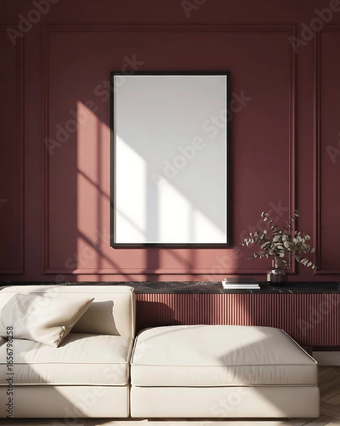 Fototapeta Modern living room with a large blank framed picture on a deep red wall and a comfortable sectional sofa