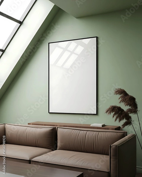 Fototapeta Modern living room with comfortable sofa and blank picture frame on a light green wall under a skylight