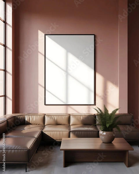 Fototapeta Cozy living room with large sectional sofa and empty framed artwork bathed in warm sunlight