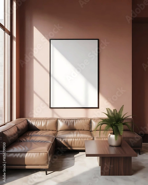 Fototapeta Modern living room with large sectional sofa coffee table and blank square picture frame on a pink wall