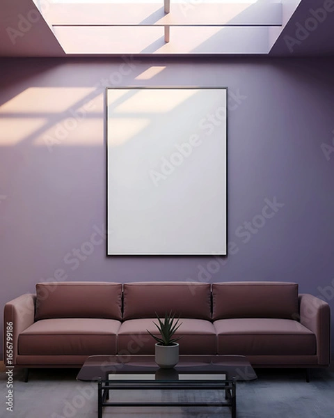 Fototapeta Modern living room with a large blank canvas on a purple wall and a brown sofa