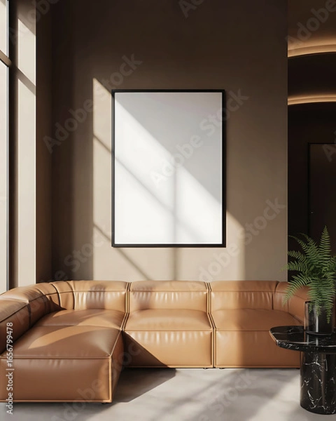 Fototapeta Modern living room with a large empty square frame on the wall bathed in warm sunlight