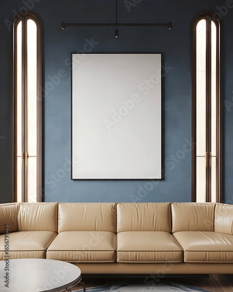 Fototapeta Modern living room with plush beige sectional sofa and illuminated vertical wall sconces