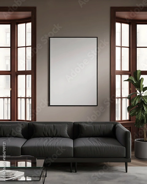 Fototapeta Modern living room with dark grey sectional sofa and large square mirror above