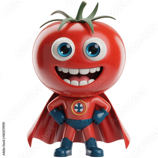 Fototapeta Funny cartoon superhero tomato character with a cape isolated on transparent background