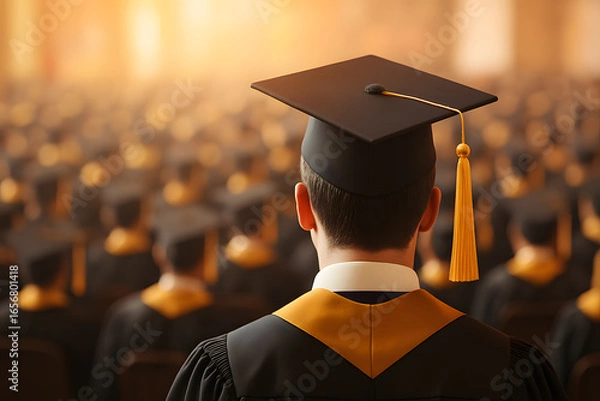 Fototapeta student graduation ceremony stage back view facing hat cap collage university crowd waiting for award certificate wearning golden black gown ribbon success education graduate in line commencement day