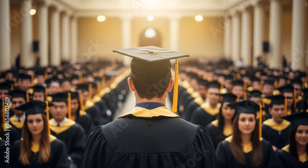 Fototapeta student graduation ceremony stage back view facing hat cap collage university crowd waiting for award certificate wearning golden black gown ribbon success education graduate in line commencement day