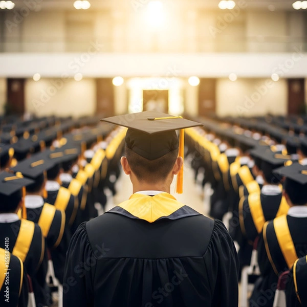 Fototapeta student graduation ceremony stage back view facing hat cap collage university crowd waiting for award certificate wearning golden black gown ribbon success education graduate in line commencement day