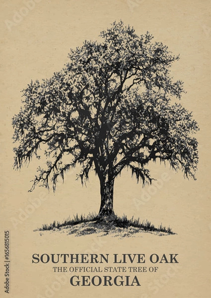 Obraz Georgia State Tree Southern live oak Wall art Poster, Illustration For Wall Hanging Home Decoration Vintage  Wall Art, Us State Poster