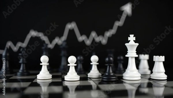 Fototapeta Chessboard with Financial Growth Chart and Chess Pieces Representing Strategy