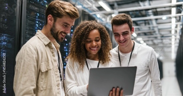 Fototapeta Team of young IT professionals working together in data center, diverse group analyzing information on laptop, technology and teamwork, modern server room