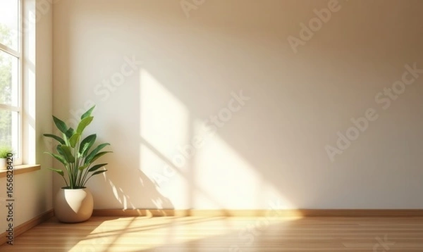 Fototapeta Empty Room Corner with Natural Light Streaming Through Window and Potted Plant