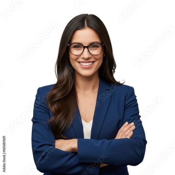 Fototapeta Confident woman in glasses and suit with arms crossed smiling