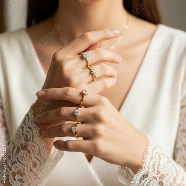 Fototapeta Elegant hands adorned with delicate rings