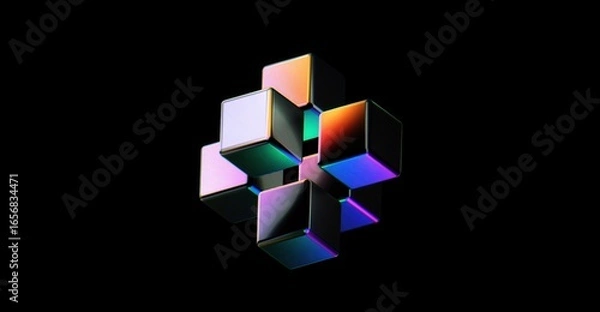 Fototapeta Abstract iridescent cube with light effect on the dark backdrop. This design is a combination of art and technology, perfect for digital design and modern projects