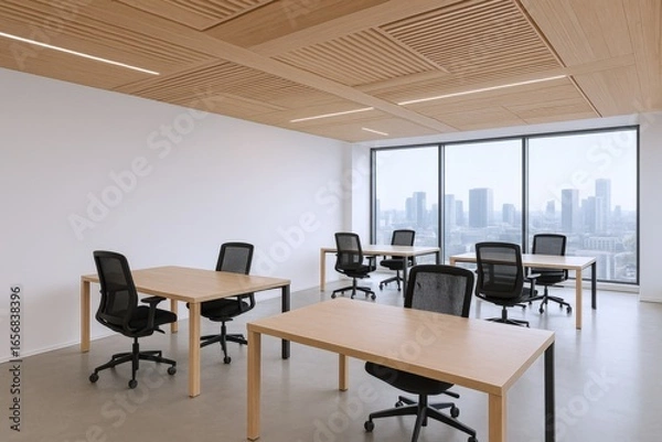 Fototapeta Bright Modern Office Space with Minimalist Design and City Views, Featuring Wooden Accents and Natural Light