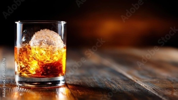 Obraz A striking image of a glass filled with whiskey and a large ice cube set against a rustic wooden table, creating a warm, inviting atmosphere perfect for relaxation and enjoyment.
