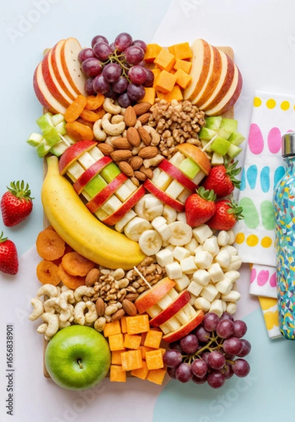 Obraz Healthy fruit and nut snack board assorted fresh fruit cheese nuts school lunch