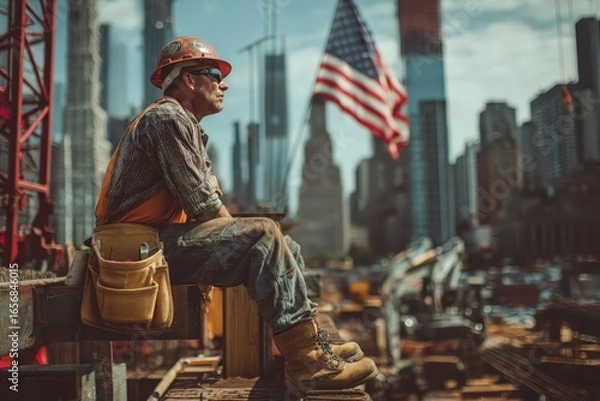 Obraz Construction worker in hard hat and safety gear takes a break on a high-rise site, American flag waving and city skyline beyond. Gritty Labor Day industry scene