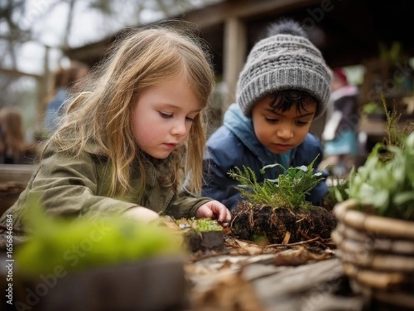 Obraz Children learning about nature outdoors, focused on planting moss and seedlings at a rustic table in a forest classroom. Environmental education, curiosity, teamwork, and ecology