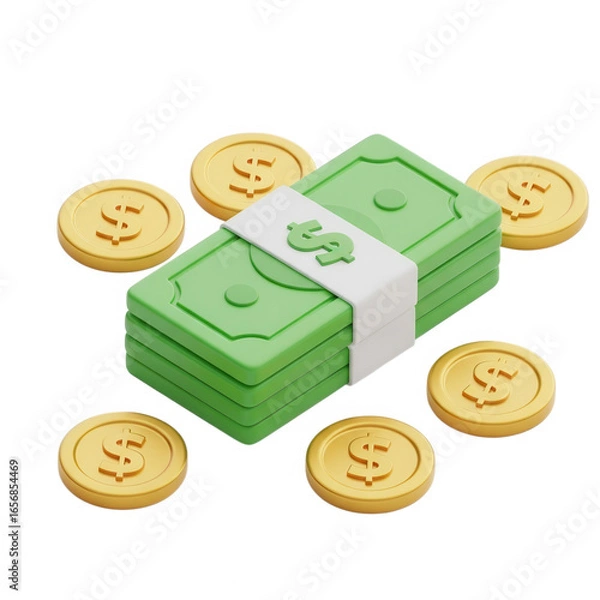 Fototapeta Stack of money and gold coins isolated on transparent background