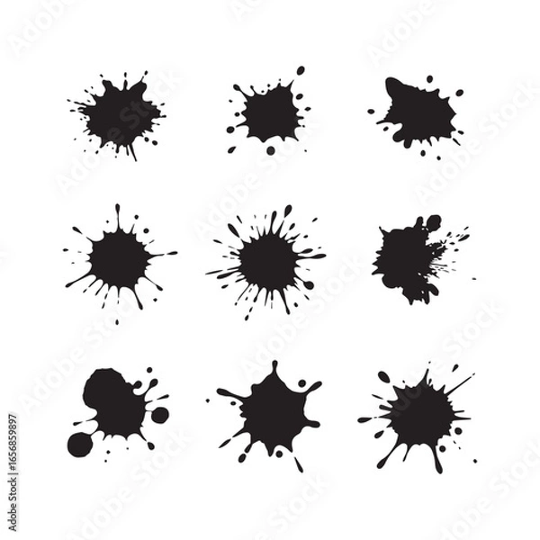 Fototapeta A grid of ten unique black ink splatters on a white background. 