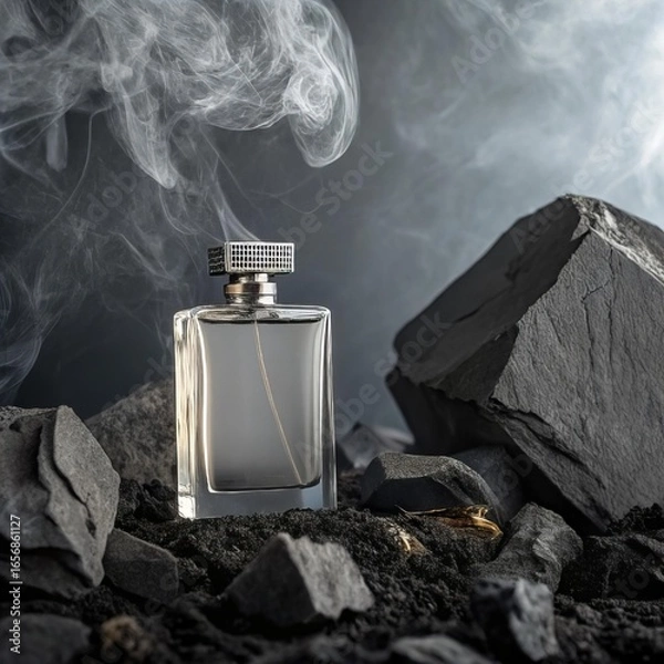 Fototapeta Luxurious Perfume Bottle with Elegant Design, Floating in Artistic Still Life Composition