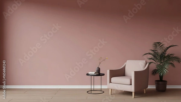Fototapeta Cozy and elegant living room corner with a plush armchair small side table and a potted plant against a muted rose wall