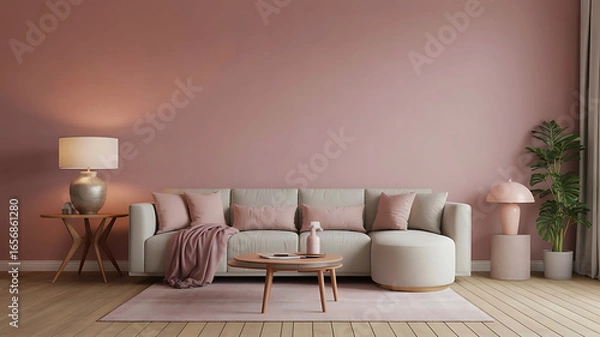 Fototapeta Cozy and inviting living room with a plush sofa warm lighting and a touch of modern elegance