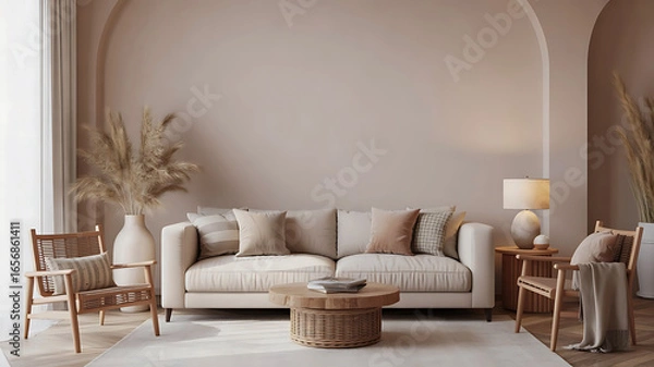 Fototapeta Cozy living room interior with a comfortable sofa accent chairs and warm natural light creating a serene atmosphere