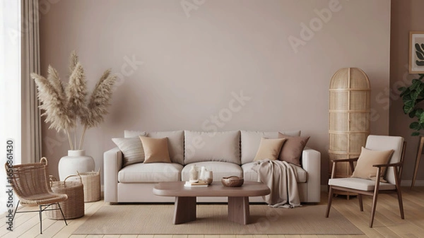 Fototapeta Cozy living room with plush sofa textured rug and natural decor creating a warm and inviting atmosphere