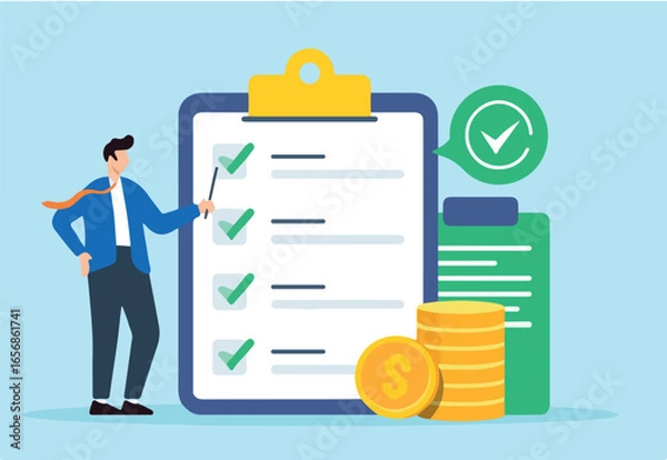 Fototapeta Flat illustration of finance manager check budget business checklist in clipboard with dollar coin
