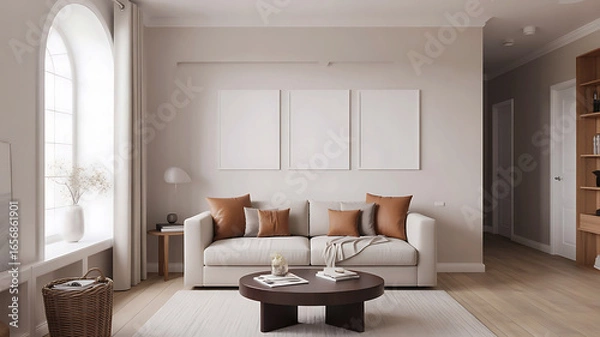 Fototapeta Modern living room with comfortable sofa coffee table and large window with sheer curtains