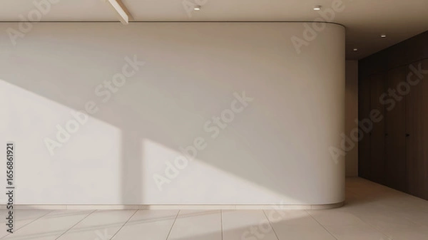 Fototapeta Modern interior architecture with soft natural light casting geometric shadows on a curved wall