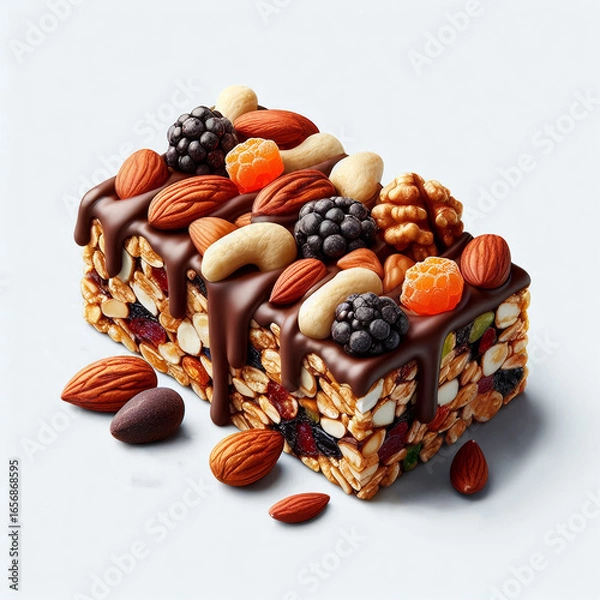 Fototapeta Granola fitness bars topped with mixed nuts, dried fruits, and chocolate drizzle, isolated on white transparent background, representing healthy snack